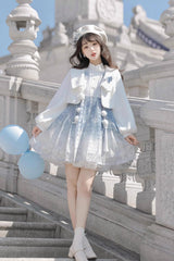 White/Blue Long Sleeves Print Ruffle Chinese Style Princess Sweet Lolita Jsk Dress Set - Product - 3
