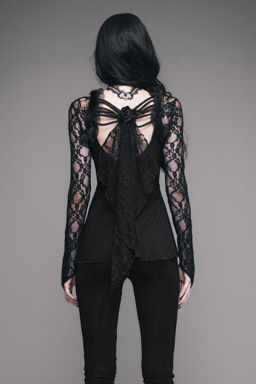 Black Sexy V Neck Mesh Long Sleeves Rose Lace Bottoming Women Gothic T-Shirt - Product - 7