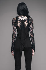 Black Sexy V Neck Mesh Long Sleeves Rose Lace Bottoming Women Gothic T-Shirt - Product - 7
