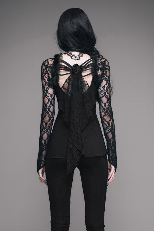 Black Sexy V Neck Mesh Long Sleeves Rose Lace Bottoming Women Gothic T-Shirt - Product - 7