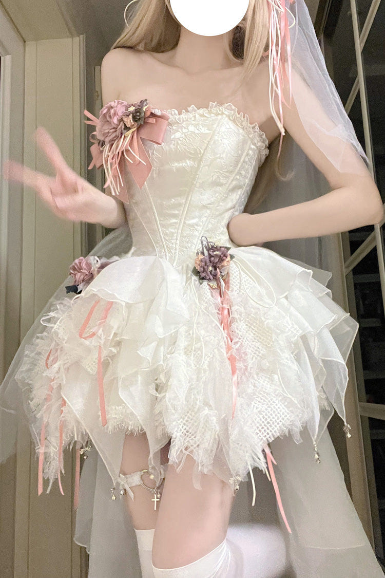 White Sleepless Poem Fishbone Bowknot Asymmetric Sweet Lolita Jsk Dress - Product - 5