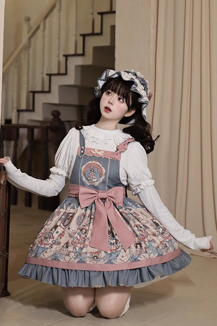 Blue Doll Print Ruffle Bowknot Sweet Lolita Strap Dress - Product - 2