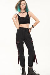 Black Punk Casual Skull Webbing Decoration Women's Long Pants - Product - 7