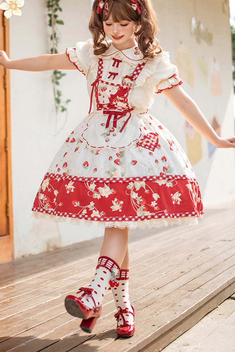 Red/White Strawberry Orchard Print Ruffle Detachable Sweet Lolita Strap Dress - Red/White - 1