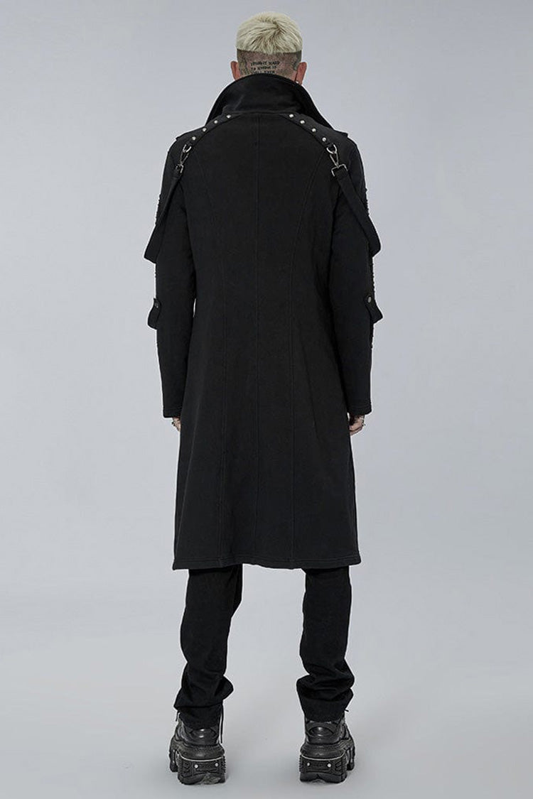 Black Punk Asymmetry High Collar Placket Metal Shoulder Detachable Webbing Men's Knitted Coat - Product - 4