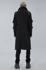 Black Punk Asymmetry High Collar Placket Metal Shoulder Detachable Webbing Men's Knitted Coat - Product - 4
