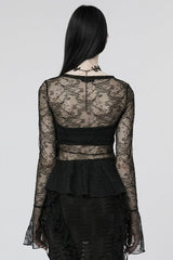 Black Long Trumpet Sleeves Lace Sheer Women's Gothic T-Shirt - Product - 3