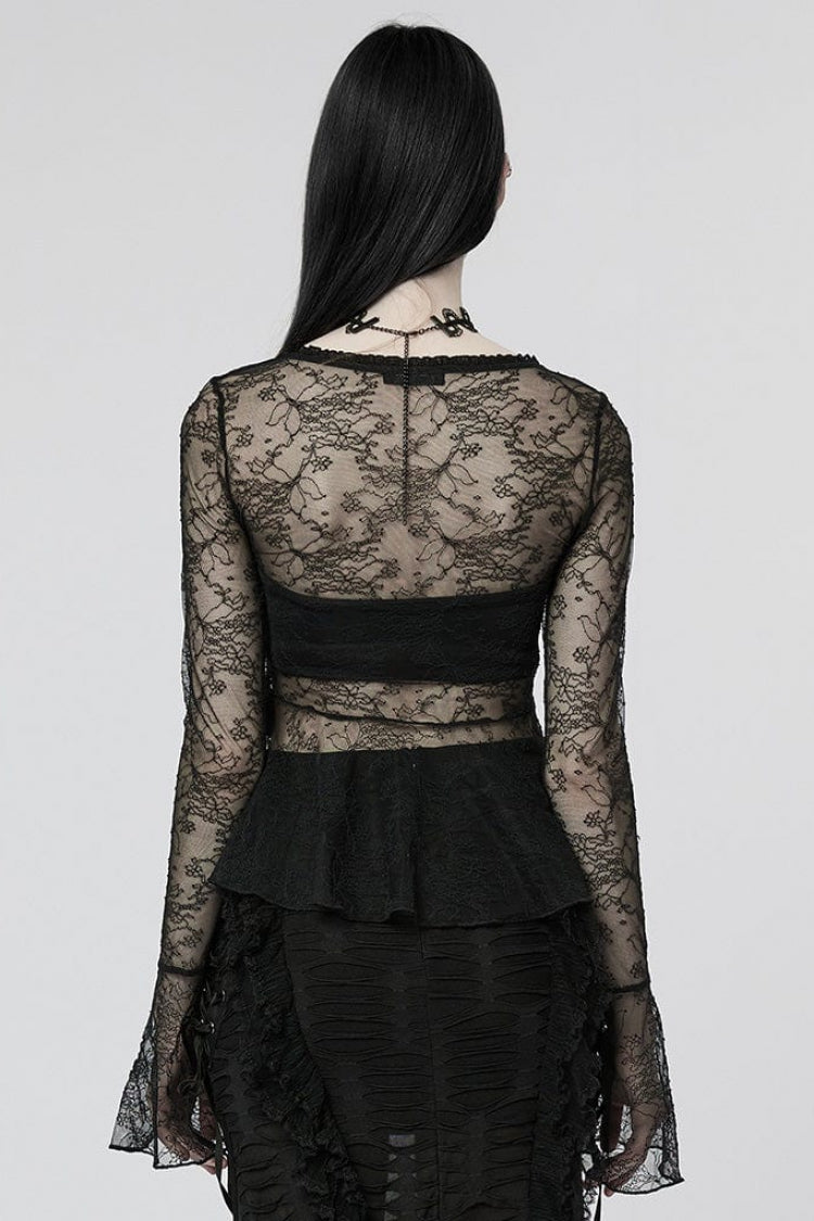 Black Long Trumpet Sleeves Lace Sheer Women's Gothic T-Shirt - Product - 3