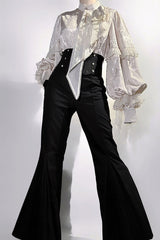 Black [The Rose and the Sword] Stand Collar Long Puff Sleeves Ruffled Embroidered Bow Classic Gothic Prince Ouji Lolita Pants Set - Product - 5