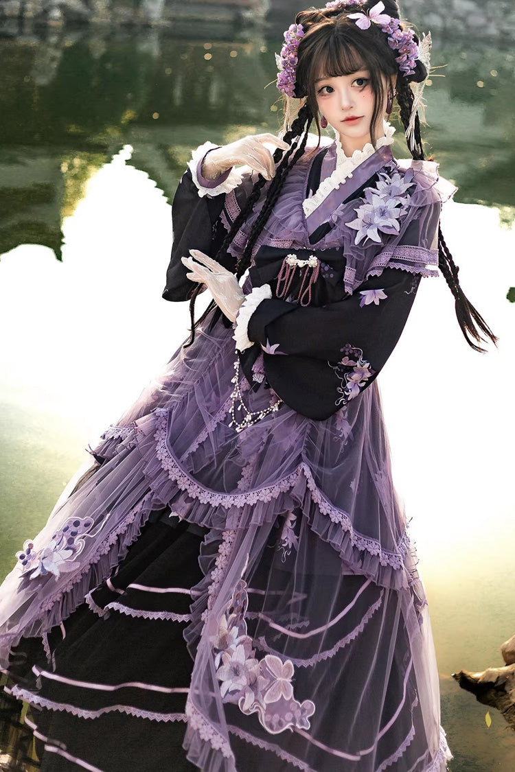 Purple [Violet Gauze Lily] Stand Collar Long Sleeves Ruffled Embroidered Bow Classic Chinese Style Elegant Gorgeous Lolita Dress Set - Product - 6