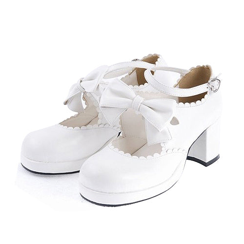 White PU Round Toe Ankle Straps Bow Decoration Platform Sweet Lolita Shoes - White - 1