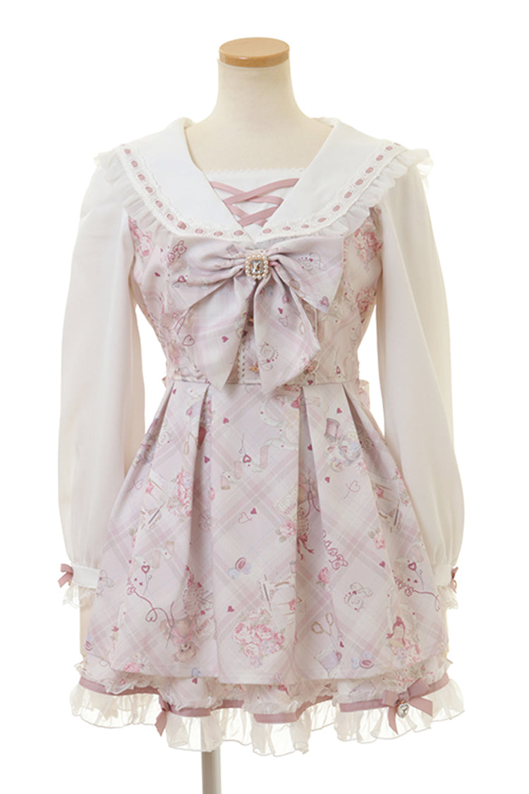 [Sewing Bear] Long Sleeves Print Bowknot Lace Sweet Jirai Kei Plus Size Dress 3 Colors - Light-Pink - 2