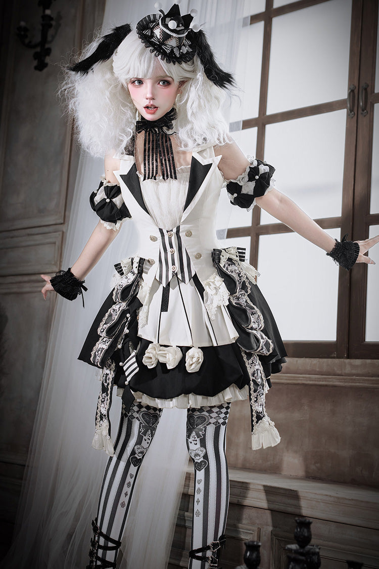 Black/White [Candy Cane] Sleeveless Printed Ruffled Bow Gothic Lolita Skirt Full Set - Product - 12