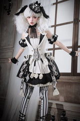 Black/White [Candy Cane] Sleeveless Printed Ruffled Bow Gothic Lolita Skirt Full Set - Product - 12