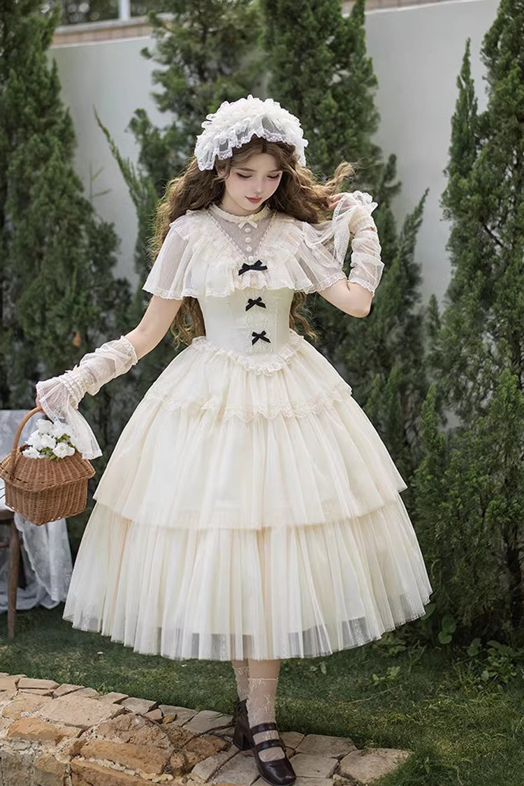 Ivory [The Oath of White Mist] Edwardian Collar Long Sleeves Multi-Layered Ruffled Bow Lace Fishbone Sweet Lolita Dress 2 Versions - Ivory(Long-Dress-Only) - 16