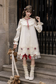 Elfenbein-Erdbeer-Creme-Kuchen-Stehkragen, lange Ärmel, gerüschte Schleife, Spitze, süß (Kleid einzeln), Vorderansicht
