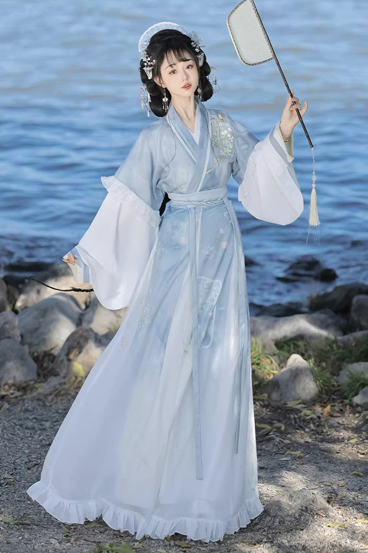 [Lily of the Valley] Long Sleeves Wei-Jin Style Ombre Printed Ruffled Embroidered Chinese Style Classic Hanfu Dress Set 3 Colors - Blue - 9