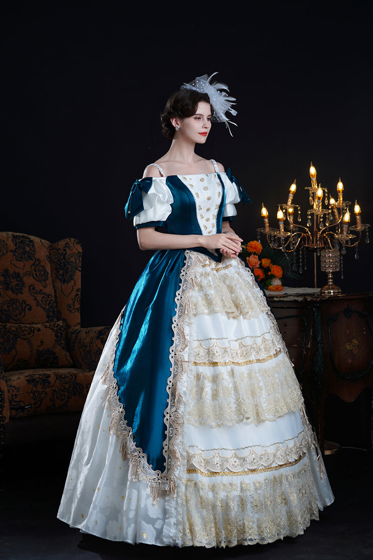 Blue/Apricot Off Shoulder Short Sleeves Ruffle Cardigan Bowknot Lace Classic Princess Palace Lolita Victorian Dress - Product - 5