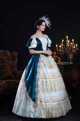 Blue/Apricot Off Shoulder Short Sleeves Ruffle Cardigan Bowknot Lace Classic Princess Palace Lolita Victorian Dress - Product - 5