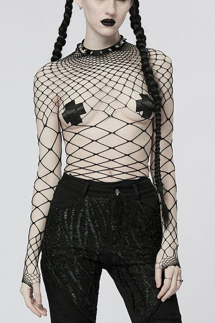 One Piece Long Sleeve Super Stretch Soft Rhombus Mesh Minimalist Women's Punk T-Shirt 2 Colors - Black - 7