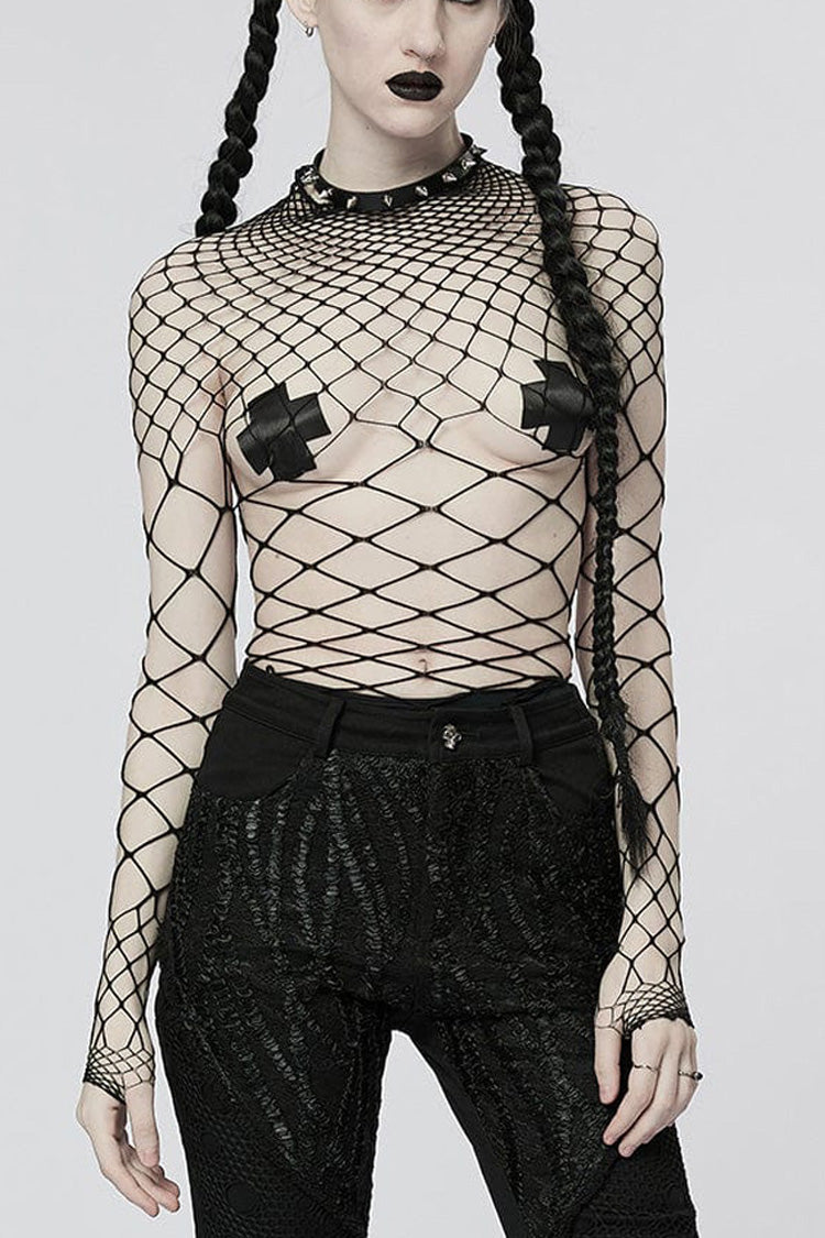 One Piece Long Sleeve Super Stretch Soft Rhombus Mesh Minimalist Women's Punk T-Shirt 2 Colors - Black - 7
