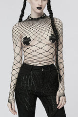 One Piece Long Sleeve Super Stretch Soft Rhombus Mesh Minimalist Women's Punk T-Shirt 2 Colors - Black - 7