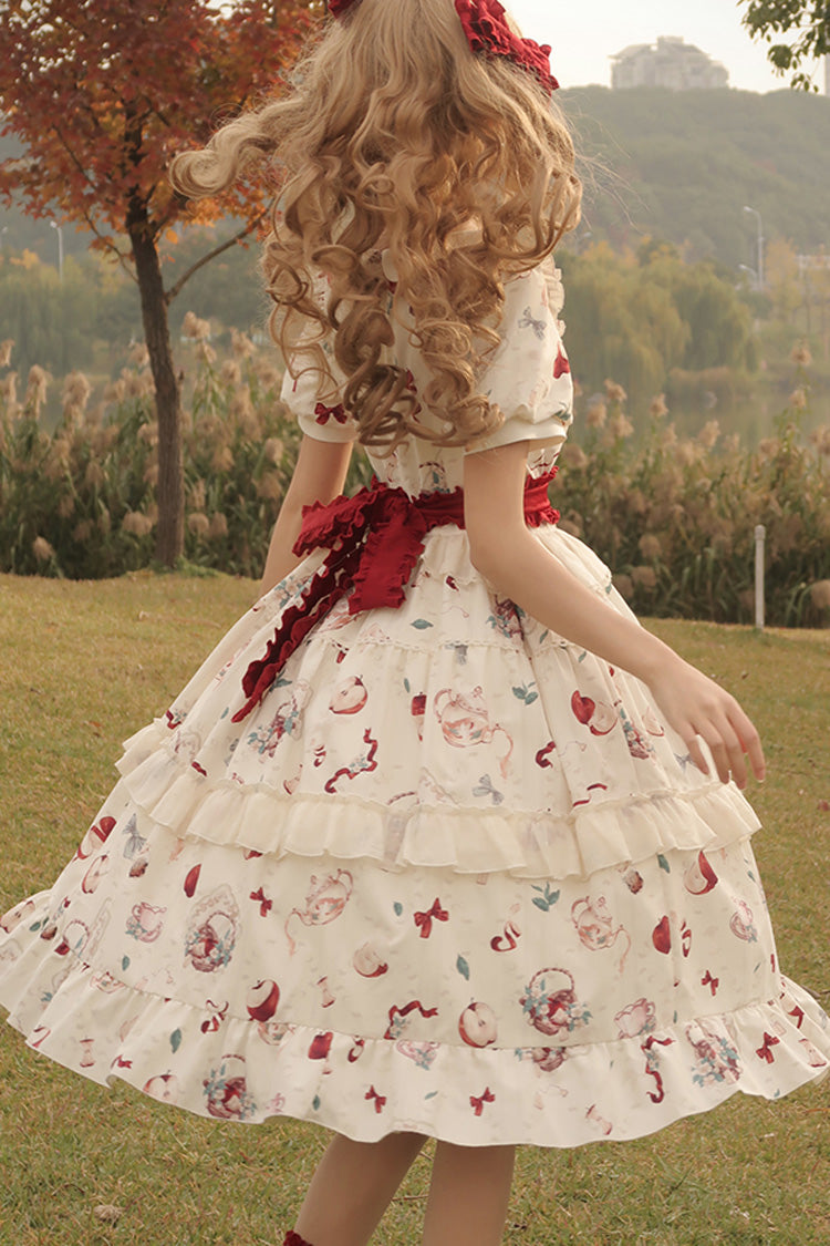 White Apple Tea Print Short Sleeves Country Style Ruffle Bowknot Sweet Lolita Dress (Plus Size Version) - Product - 13