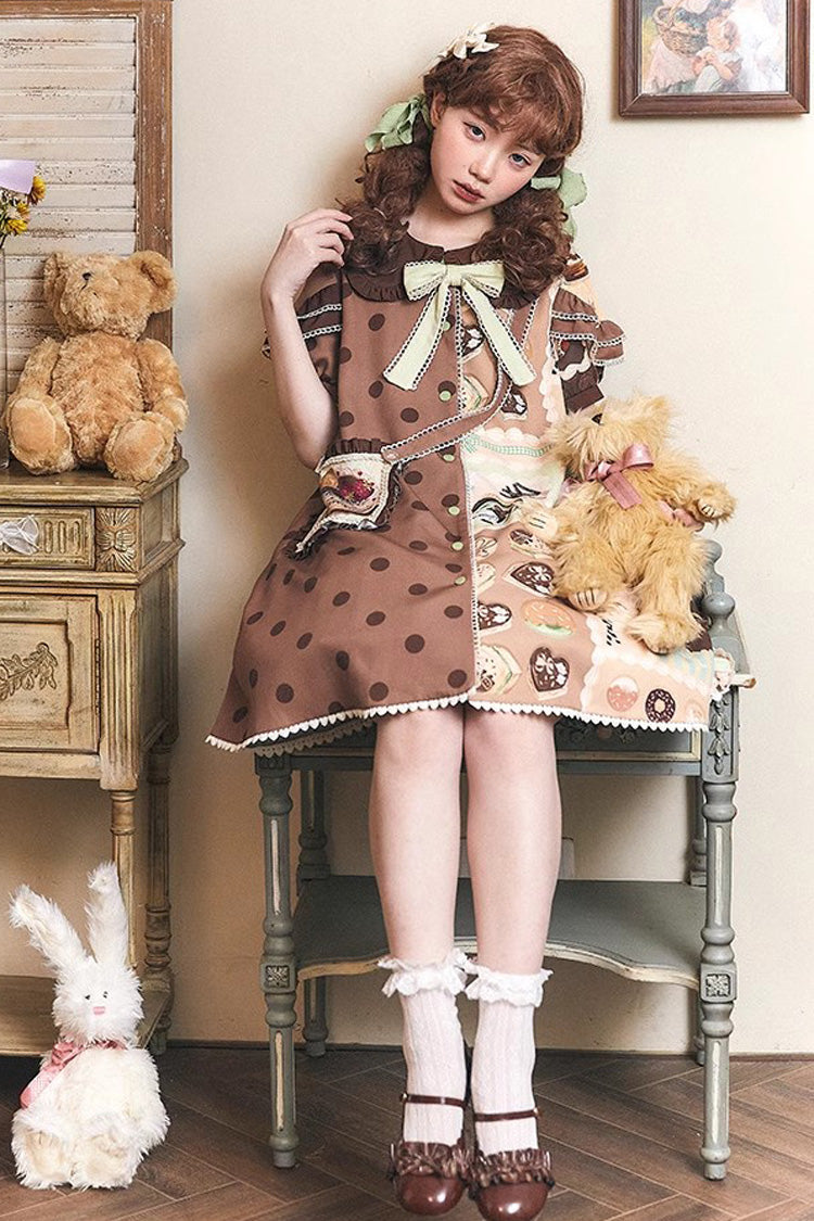Cake Chocolate Dessert Print Short Sleeves Ruffle Bowknot Sweet Lolita Dress 2 Colors - Product - 7