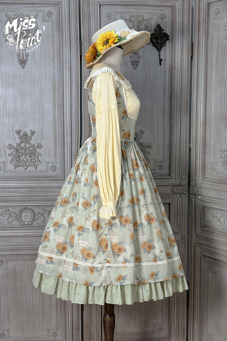 Green [Gardening Sunflower] Sleeveless Print Ruffle Bowknot Sweet Elegant Uplift Lolita Jsk Dress - Product - 9