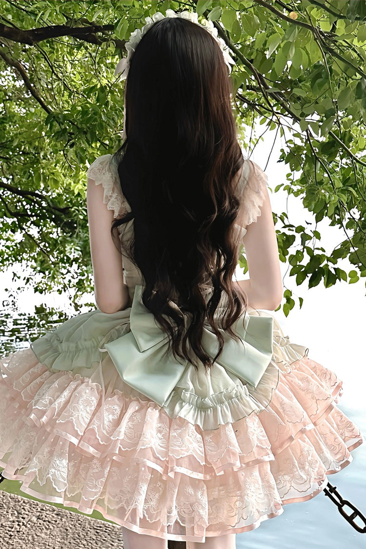 Green [Bale Bebe] Sleeveless Triple-Layered Ruffled Bow Lace-Up Sweet Ballet Lolita Dress - Product - 6