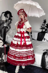 White/Red [Layered Red Velvet] Short Sleeves Ruffle Bowknot Lace Sweet Lolita Dress - Product - 7
