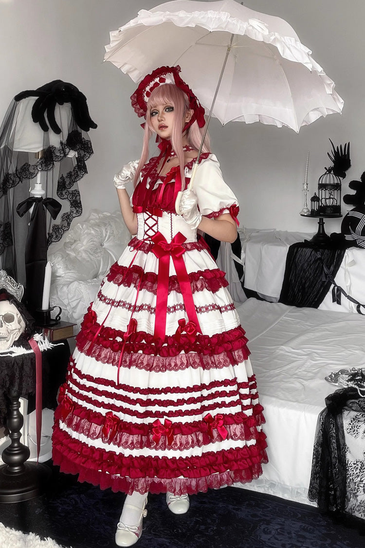 White/Red [Layered Red Velvet] Short Sleeves Ruffle Bowknot Lace Sweet Lolita Dress - Product - 7