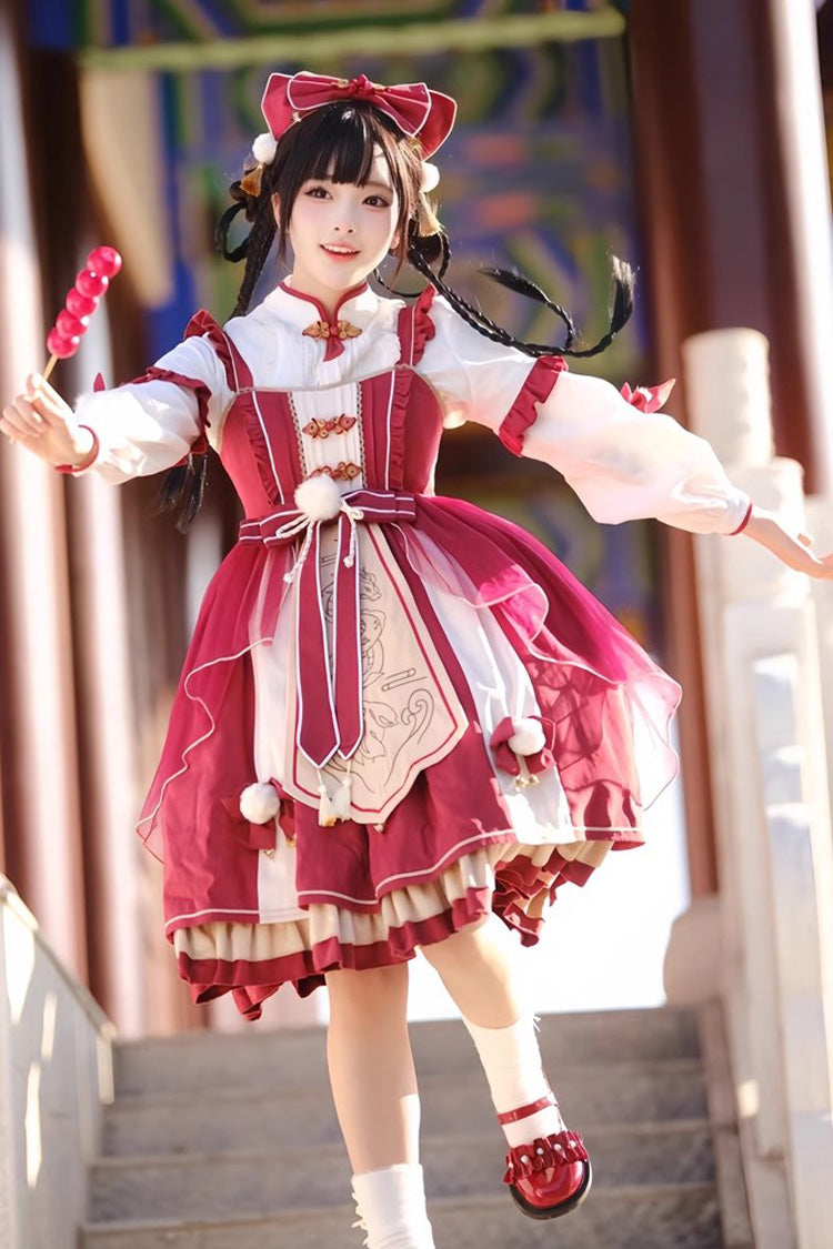 Red Double-Layered Dragon Print Bowknot Lace Sweet Lolita Jsk Dress - Product - 2