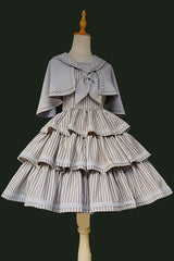 [From Afar] Sleeveless Triple-Layered Stripe Print Bowknot Sweet College Style Lolita Dress 2 Colors - Product - 14