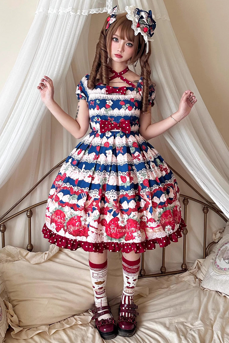 Cream Berry Fairy Red/Blue Short Sleeves Print Ruffle Bowknot Sweet Lolita Dress - Red/Blue - 1