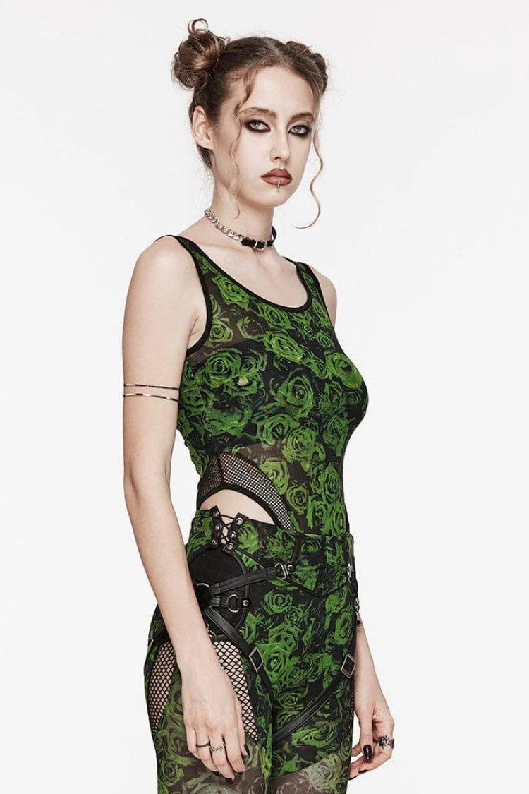 Sleeveless Print Hollow Lace Mesh Sheer Womens Steampunk Bodysuit 3 Colors - Product - 9