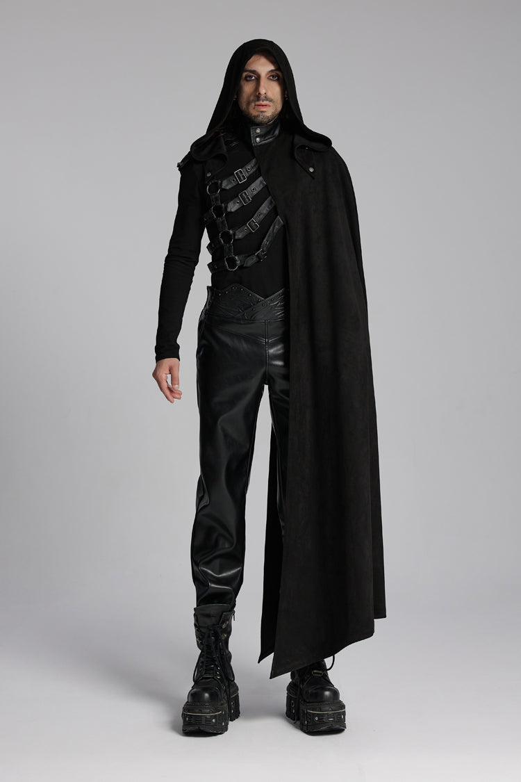Black Hooded Buckle-up Rivets Men's Punk Cloak - Black - 1