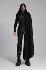 Black Hooded Buckle-up Rivets Men's Punk Cloak - Black - 1