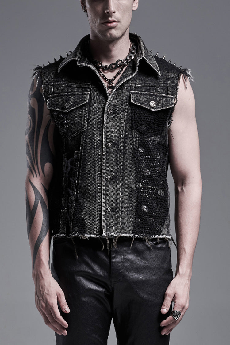Black Rivets Lapel Collar Sleeveless Mens Steampunk Vintage Denim Vest - Black - 1