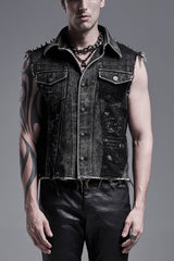 Black Rivets Lapel Collar Sleeveless Mens Steampunk Vintage Denim Vest - Black - 1