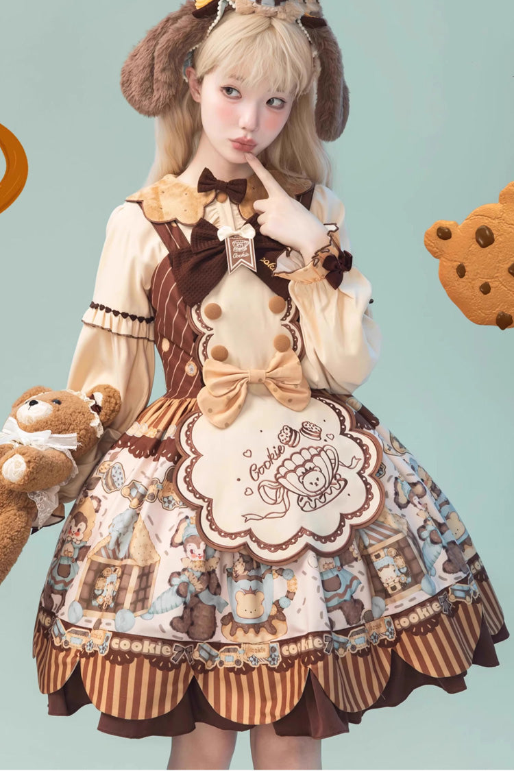 [Bear Cookie] Sleeveless Print Bowknot Sweet Lolita Jsk Dress Set 2 Colors - Product - 5