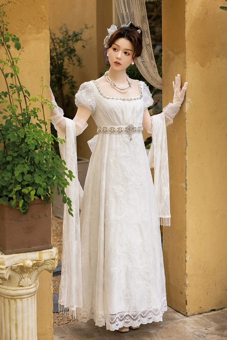 White Square Collar Short Sleeves Jacquard Wedding Style Lace Pearl Detail Vintage Elegant Luxurious Lolita Dress - Product - 3