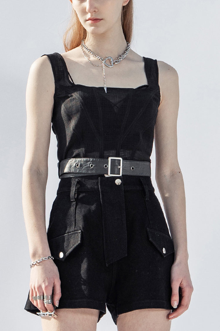 Black Square Collar Belt Rectangle Buckle Women's Punk Vest - Black - 1