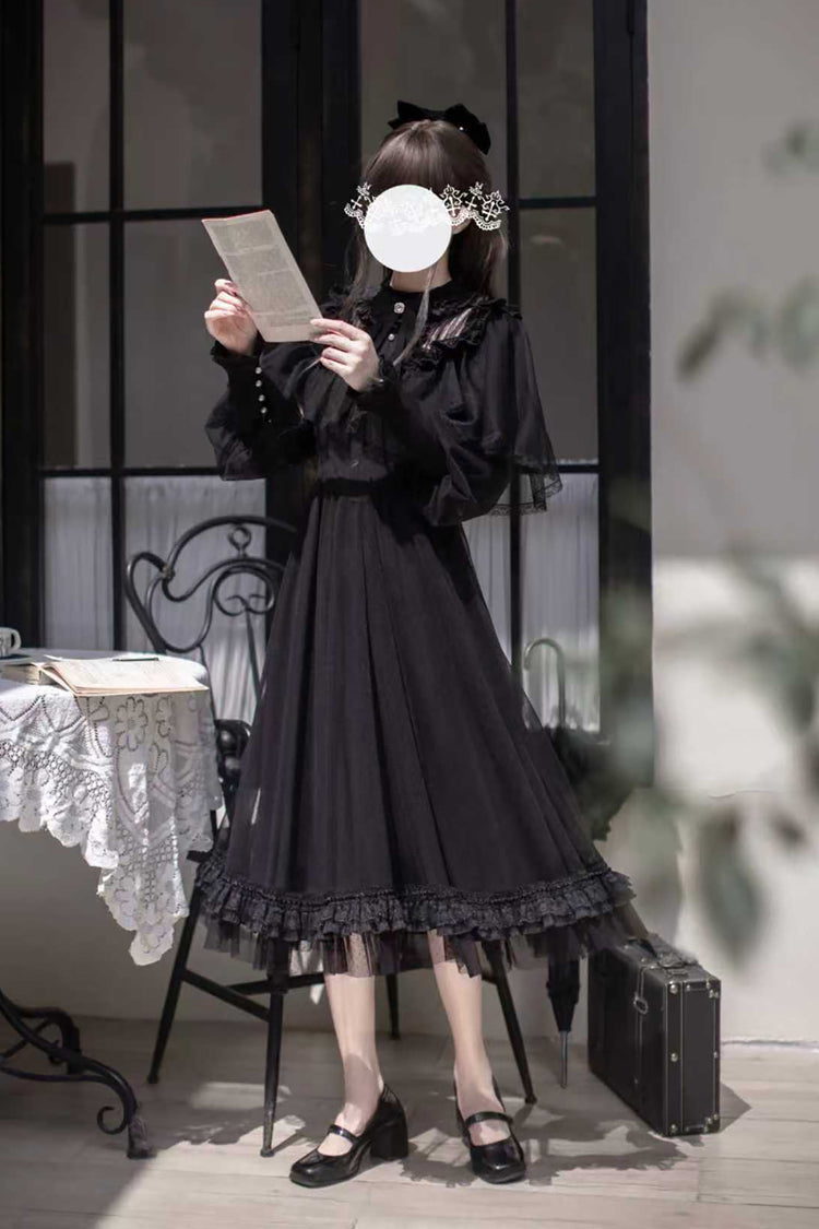 Black [Enchanted Nightdream] Long Sleeves Bowknot Lace Gothic Elegant Lolita Dress - Product - 7