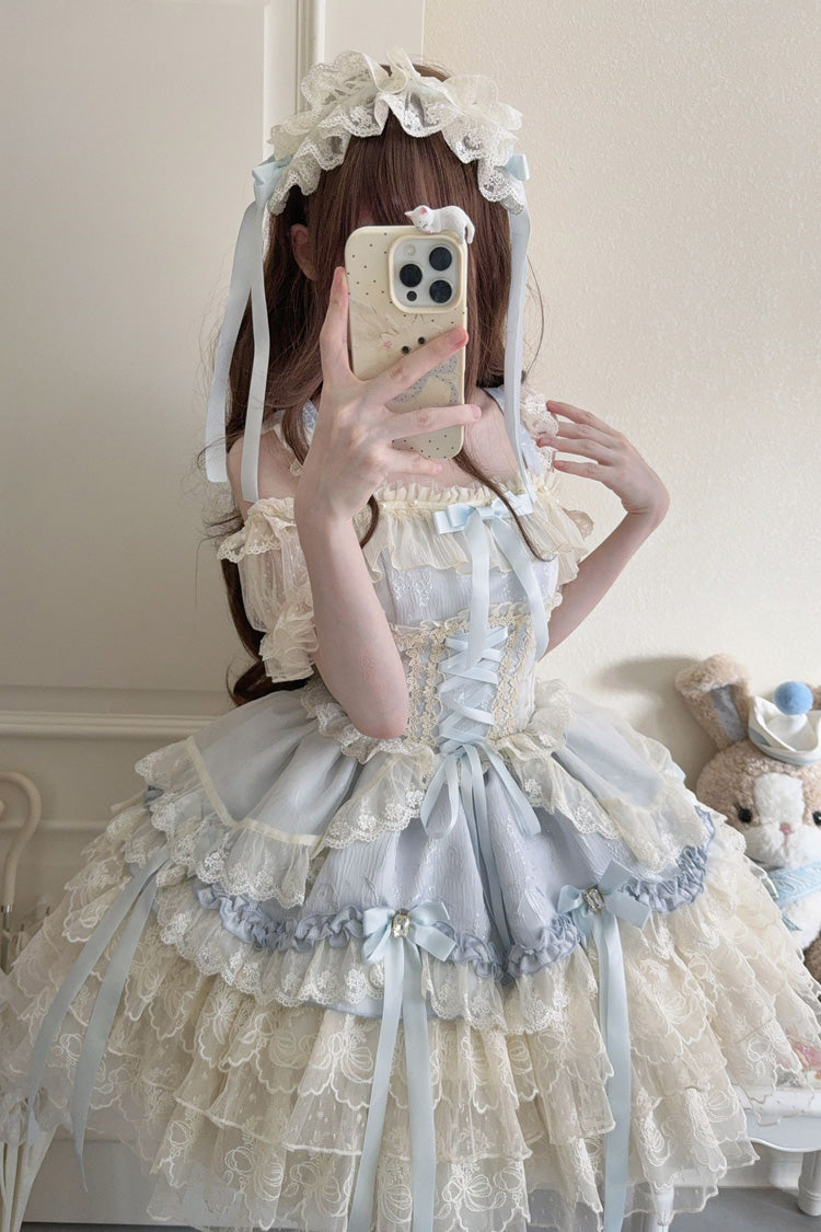Blue [Ribbon Heart Love] Sleeveless Multi-Layered Ruffle Bowknot Lace Lace-Up Sweet Princess Ballet Lolita Jsk Dress - Product - 4