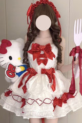White/Red [Jasmine Rain] Strawberry Square Collar Sleeveless Triple-Layered Jacquard Bow Sweet Lolita Jsk Dress - White/Red - 1