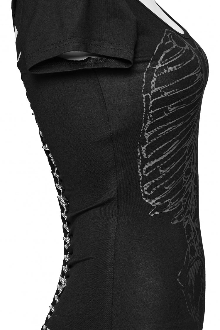 Black Skull Bone Print Hollow Slim Metal Chain Women's Steampunk Vest - Product - 6
