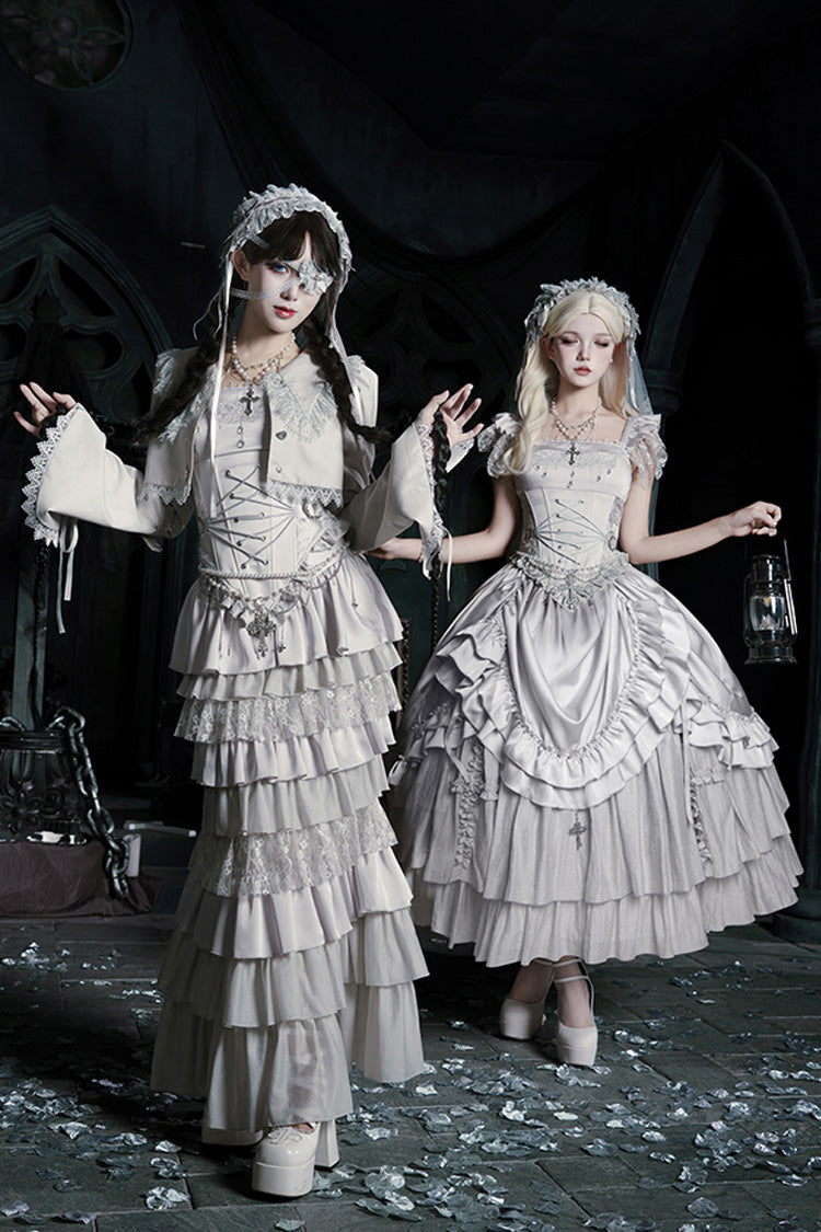 Solid Color [Bionic Doll] Square Collar Multi-Layered Ruffle Bowknot Lace-Up Gothic Lolita Fishtail Skirt Corset Set - Product - 3