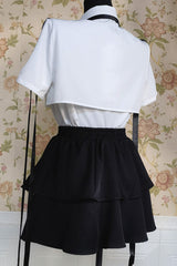 Black/White Short Sleeves Ruffle Asymmetric Gothic Jirai Kei Skirt Blouse Set - Product - 5