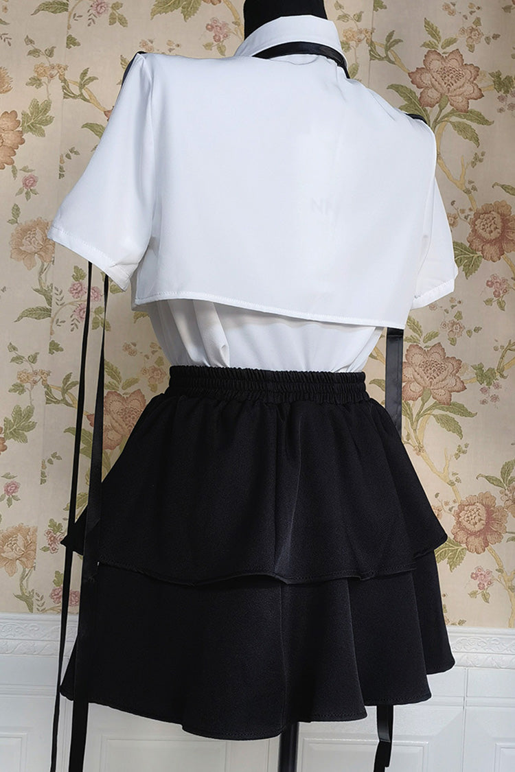 Black/White Short Sleeves Ruffle Asymmetric Gothic Jirai Kei Skirt Blouse Set - Product - 5